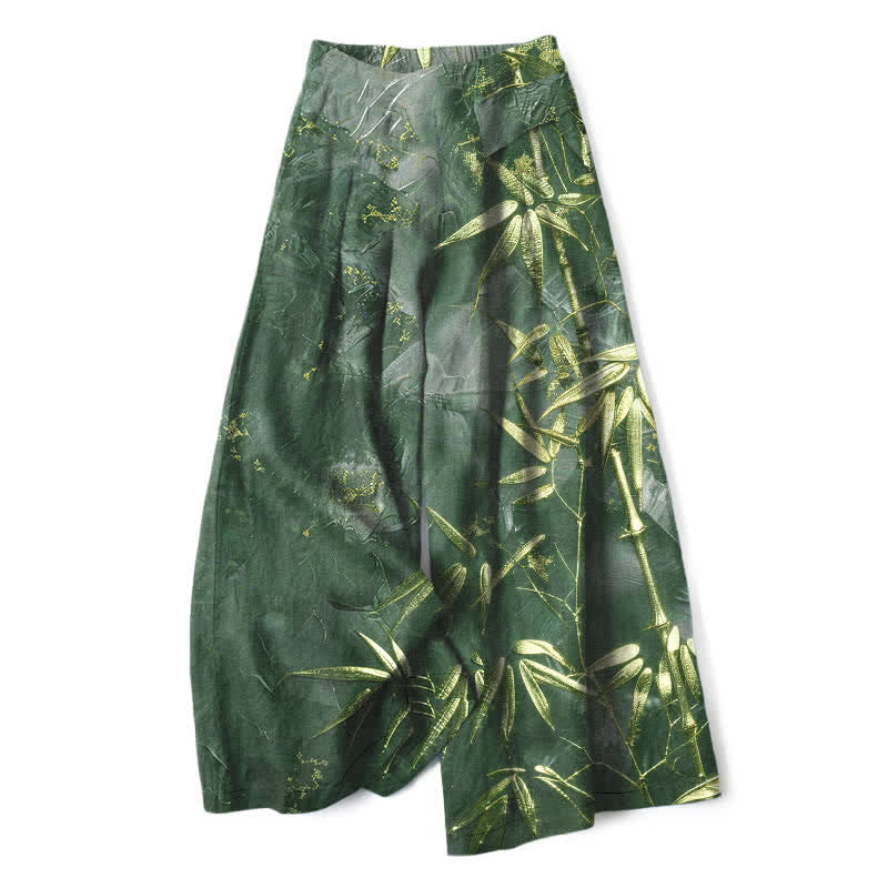 Buddha Stones Pantaloni da donna a gamba larga con elastico in vita e tasche, in cotone e lino, con fantasia bambù dorato. - Verde studentesco - US16, UK/AU20, EU48 (3XL) - image 7