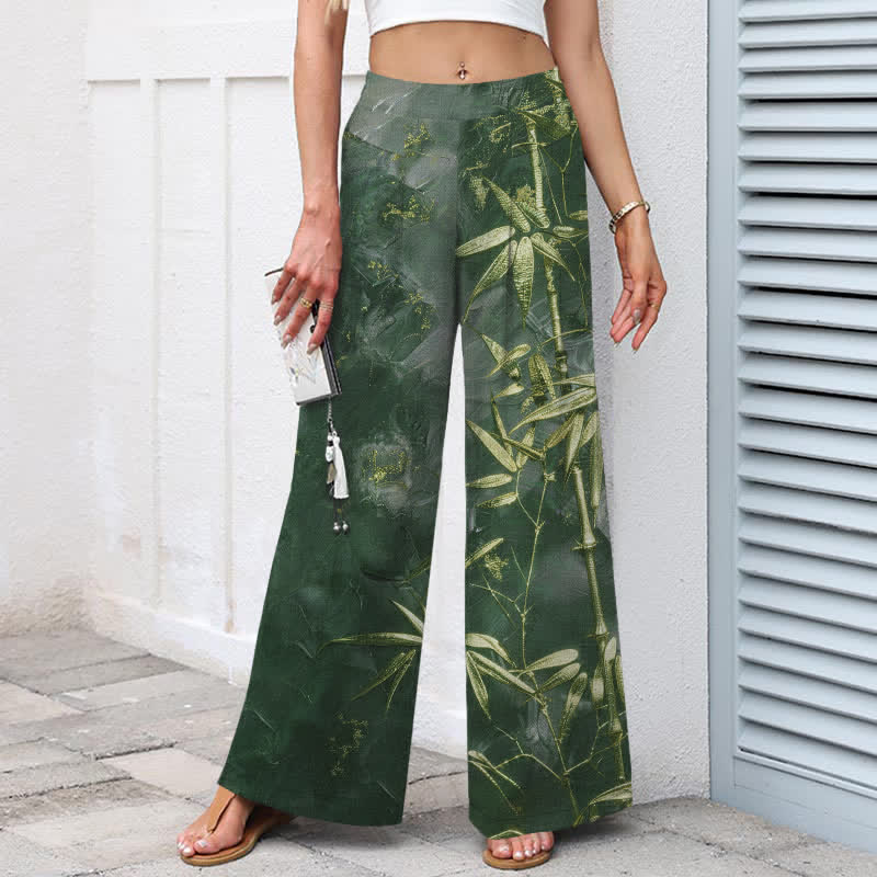 Buddha Stones Pantaloni da donna a gamba larga con elastico in vita e tasche, in cotone e lino, con fantasia bambù dorato. - image 8