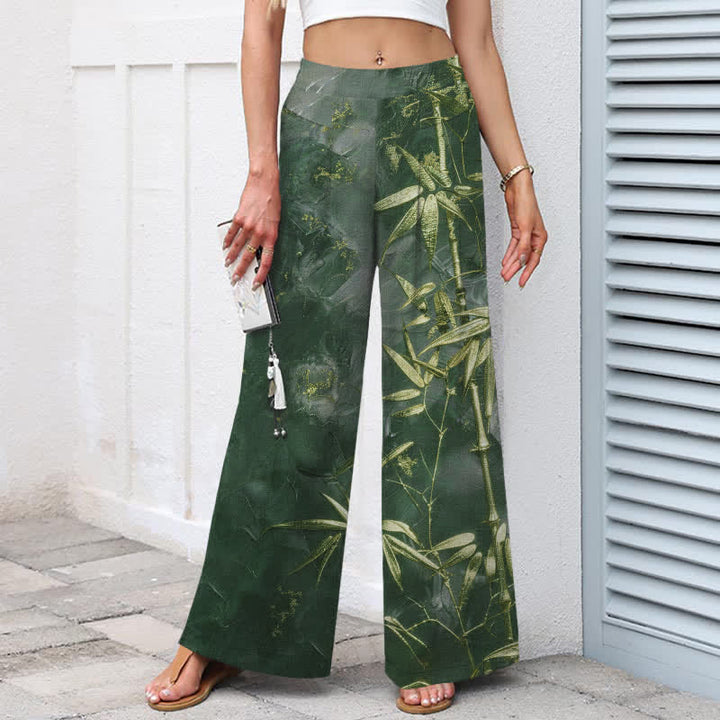 Buddha Stones Pantaloni da donna a gamba larga con elastico in vita e tasche, in cotone e lino, con fantasia bambù dorato. - image 8