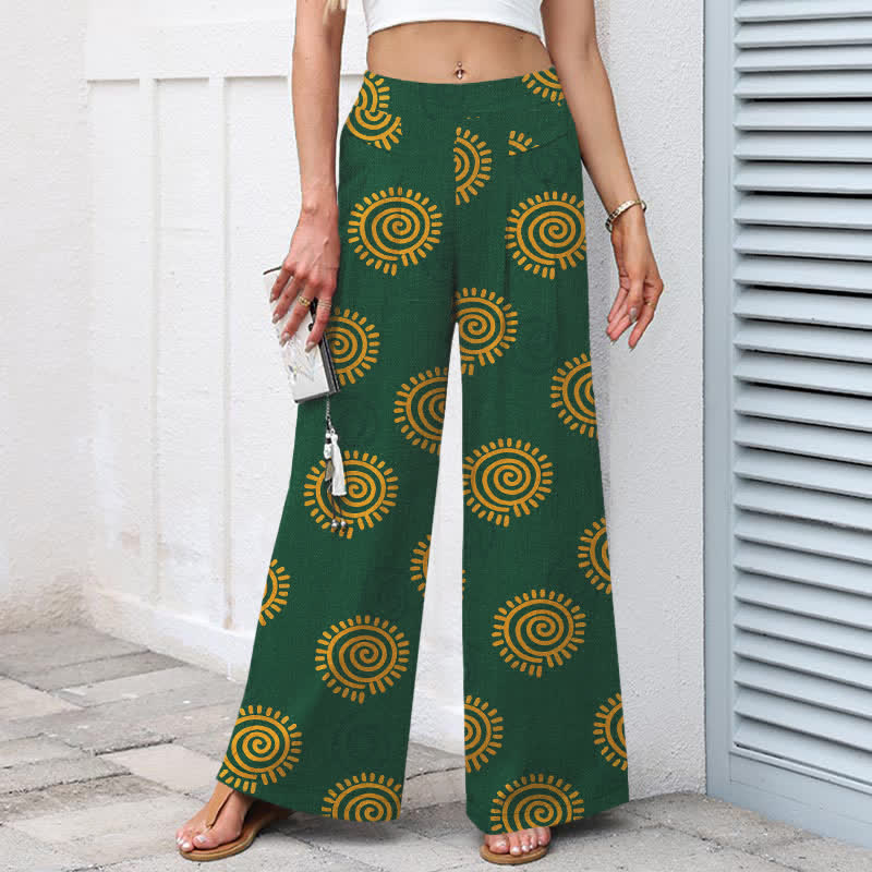 Buddha Stones Pantaloni da donna in cotone e lino con elastico in vita e gamba larga, fantasia a spirale solare, con tasche. - image 1