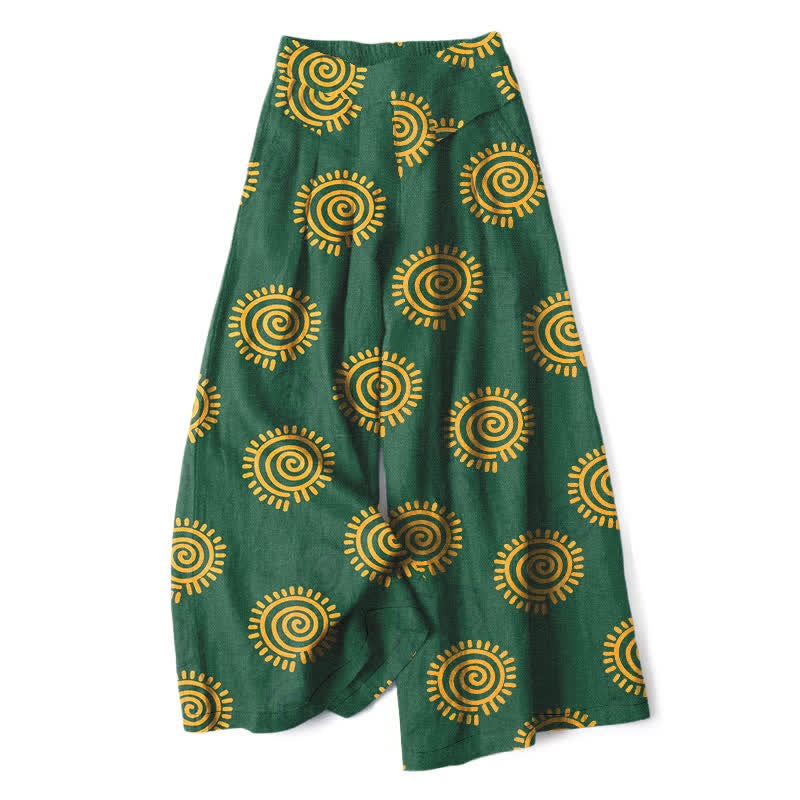 Buddha Stones Pantaloni da donna in cotone e lino con elastico in vita e gamba larga, fantasia a spirale solare, con tasche. - Verde studentesco - US16, UK/AU20, EU48 (3XL) - image 0