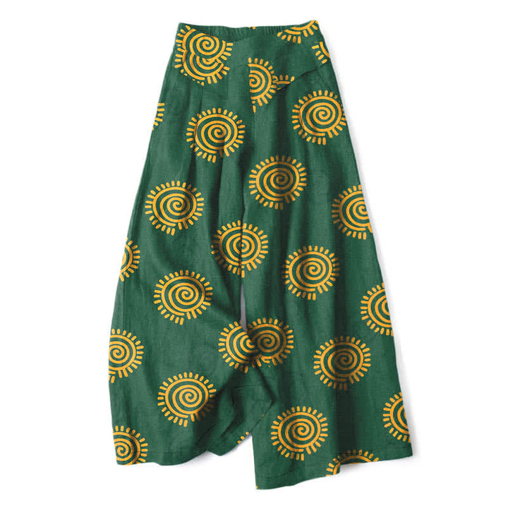 Buddha Stones Pantaloni da donna in cotone e lino con elastico in vita e gamba larga, fantasia a spirale solare, con tasche. - Verde studentesco - US16, UK/AU20, EU48 (3XL) - image 0