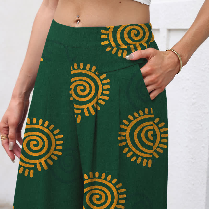 Buddha Stones Pantaloni da donna in cotone e lino con elastico in vita e gamba larga, fantasia a spirale solare, con tasche. - image 2