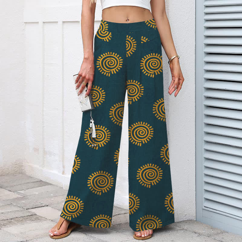 Buddha Stones Pantaloni da donna in cotone e lino con elastico in vita e gamba larga, fantasia a spirale solare, con tasche. - image 6