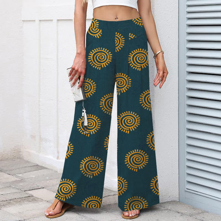 Buddha Stones Pantaloni da donna in cotone e lino con elastico in vita e gamba larga, fantasia a spirale solare, con tasche. - image 6