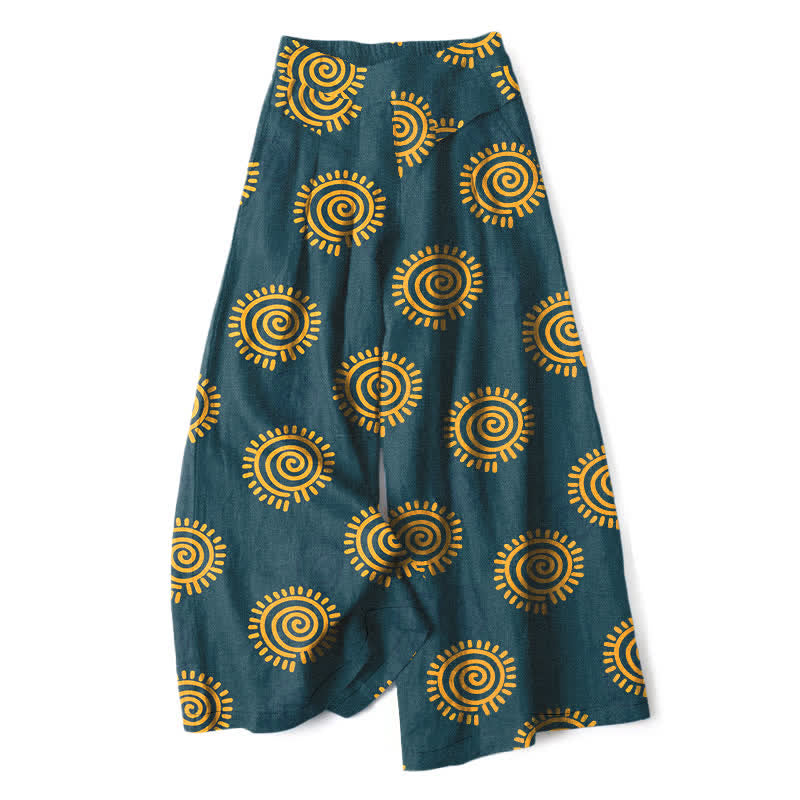 Buddha Stones Pantaloni da donna in cotone e lino con elastico in vita e gamba larga, fantasia a spirale solare, con tasche. - Verde acqua - US16, UK/AU20, EU48 (3XL) - image 5