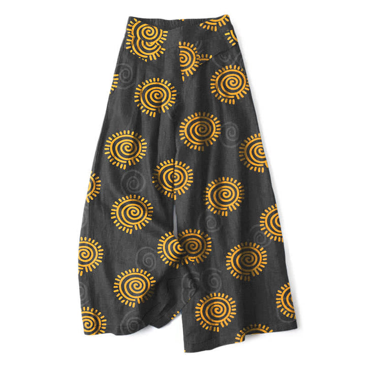 Buddha Stones Pantaloni da donna in cotone e lino con elastico in vita e gamba larga, fantasia a spirale solare, con tasche. - Nero - US16, UK/AU20, EU48 (3XL) - image 7