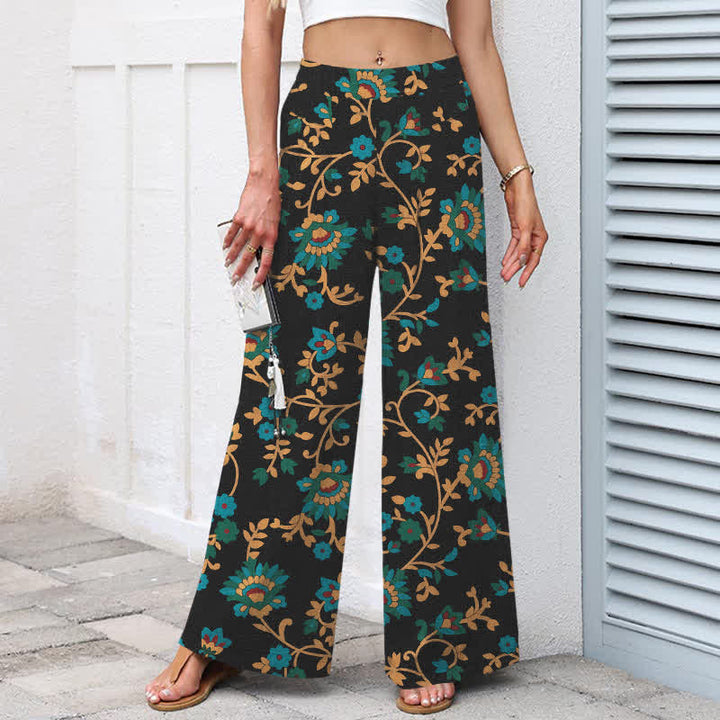 Buddha Stones Pantaloni da donna a gamba larga con elastico in vita e tasche, in cotone e lino, con fantasia floreale turchese a tralci. - image 1