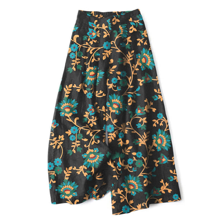 Buddha Stones Pantaloni da donna a gamba larga con elastico in vita e tasche, in cotone e lino, con fantasia floreale turchese a tralci. - Nero - US16, UK/AU20, EU48 (3XL) - image 0