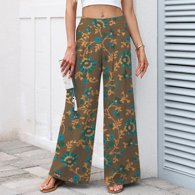 Buddha Stones Pantaloni da donna a gamba larga con elastico in vita e tasche, in cotone e lino, con fantasia floreale turchese a tralci. - image 6