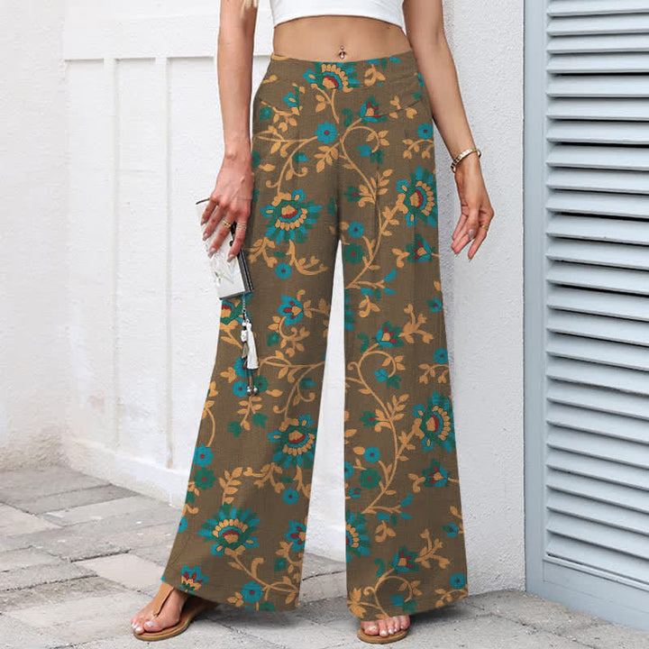 Buddha Stones Pantaloni da donna a gamba larga con elastico in vita e tasche, in cotone e lino, con fantasia floreale turchese a tralci. - image 6
