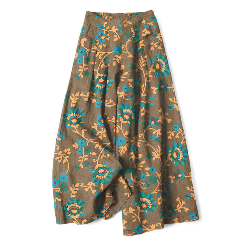 Buddha Stones Pantaloni da donna a gamba larga con elastico in vita e tasche, in cotone e lino, con fantasia floreale turchese a tralci. - Cachi scuro - US16, UK/AU20, EU48 (3XL) - image 5