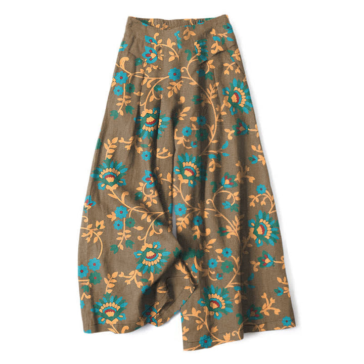 Buddha Stones Pantaloni da donna a gamba larga con elastico in vita e tasche, in cotone e lino, con fantasia floreale turchese a tralci. - Cachi scuro - US16, UK/AU20, EU48 (3XL) - image 5