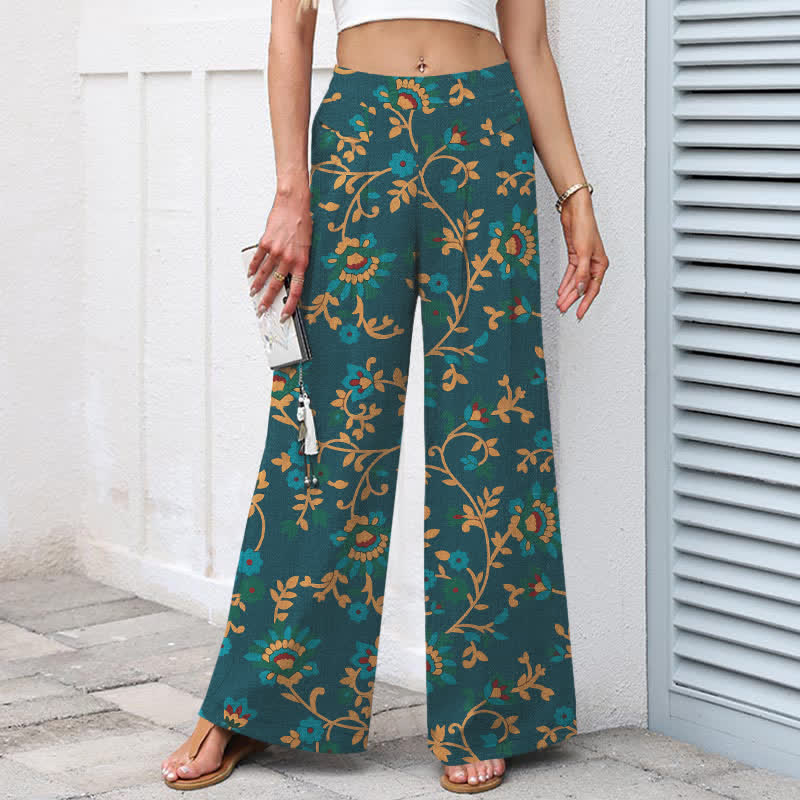 Buddha Stones Pantaloni da donna a gamba larga con elastico in vita e tasche, in cotone e lino, con fantasia floreale turchese a tralci. - image 8