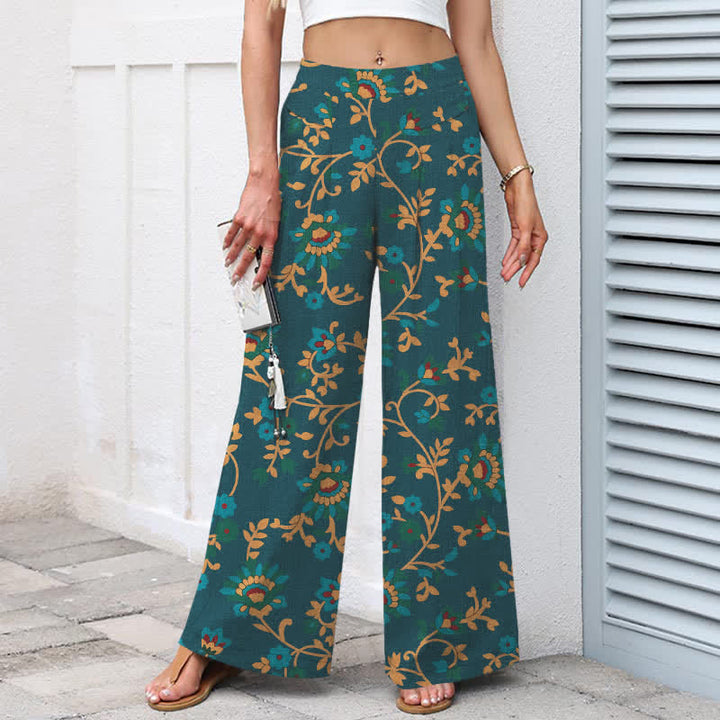 Buddha Stones Pantaloni da donna a gamba larga con elastico in vita e tasche, in cotone e lino, con fantasia floreale turchese a tralci. - image 8