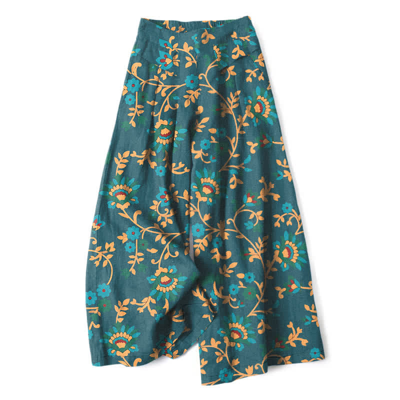 Buddha Stones Pantaloni da donna a gamba larga con elastico in vita e tasche, in cotone e lino, con fantasia floreale turchese a tralci. - Verde acqua - US16, UK/AU20, EU48 (3XL) - image 7