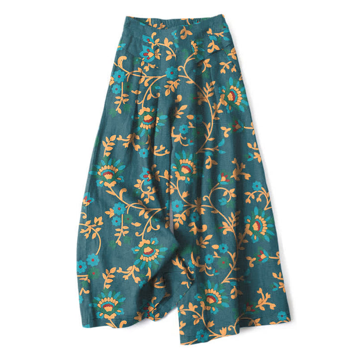 Buddha Stones Pantaloni da donna a gamba larga con elastico in vita e tasche, in cotone e lino, con fantasia floreale turchese a tralci. - Verde acqua - US16, UK/AU20, EU48 (3XL) - image 7