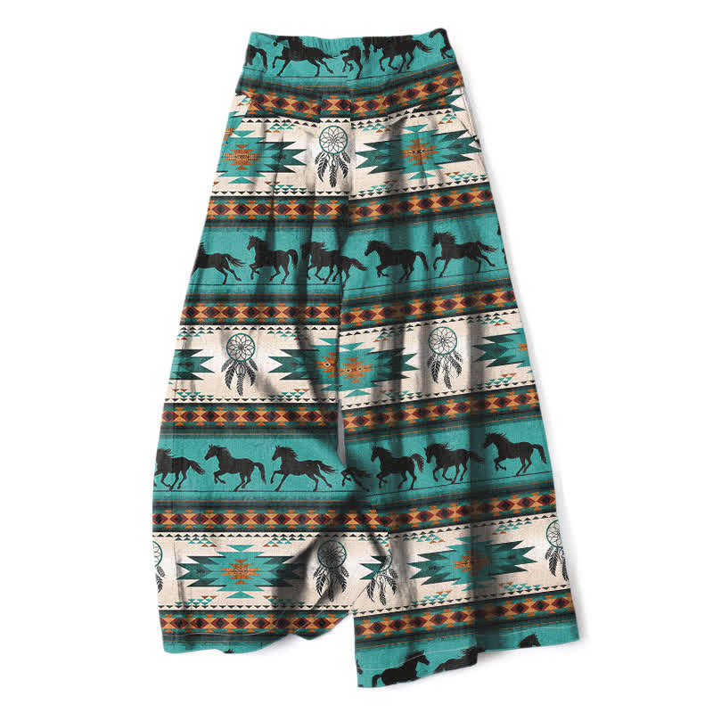 Buddha Stones Pantaloni da donna in cotone e lino con elastico in vita e gamba larga, fantasia acchiappasogni con cavalli, con tasche. - Turchese - US16, UK/AU20, EU48 (3XL) - image 0