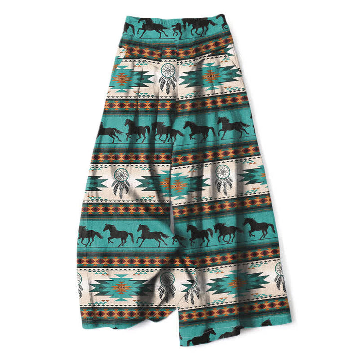 Buddha Stones Pantaloni da donna in cotone e lino con elastico in vita e gamba larga, fantasia acchiappasogni con cavalli, con tasche. - Turchese - US16, UK/AU20, EU48 (3XL) - image 0