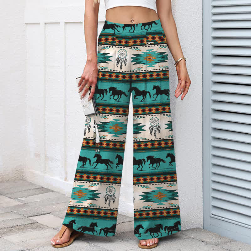Buddha Stones Pantaloni da donna in cotone e lino con elastico in vita e gamba larga, fantasia acchiappasogni con cavalli, con tasche. - image 1