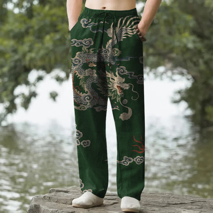 Buddha Stones Pantaloni da uomo affusolati in cotone con motivo drago e nuvole, con tasche. - Verde scuro - US/UK/AU50, EU60 (5XL) - image 4