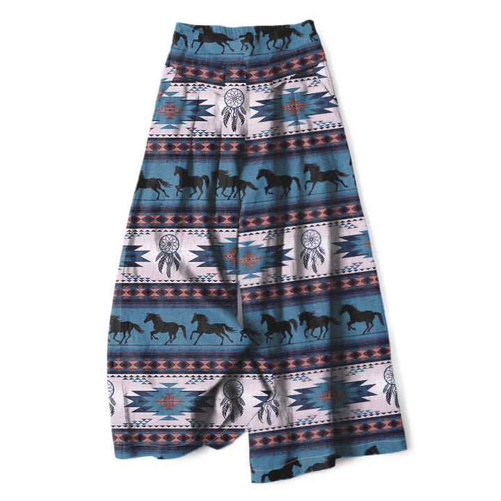 Buddha Stones Pantaloni da donna in cotone e lino con elastico in vita e gamba larga, fantasia acchiappasogni con cavalli, con tasche. - Blu cielo profondo - US16, UK/AU20, EU48 (3XL) - image 5