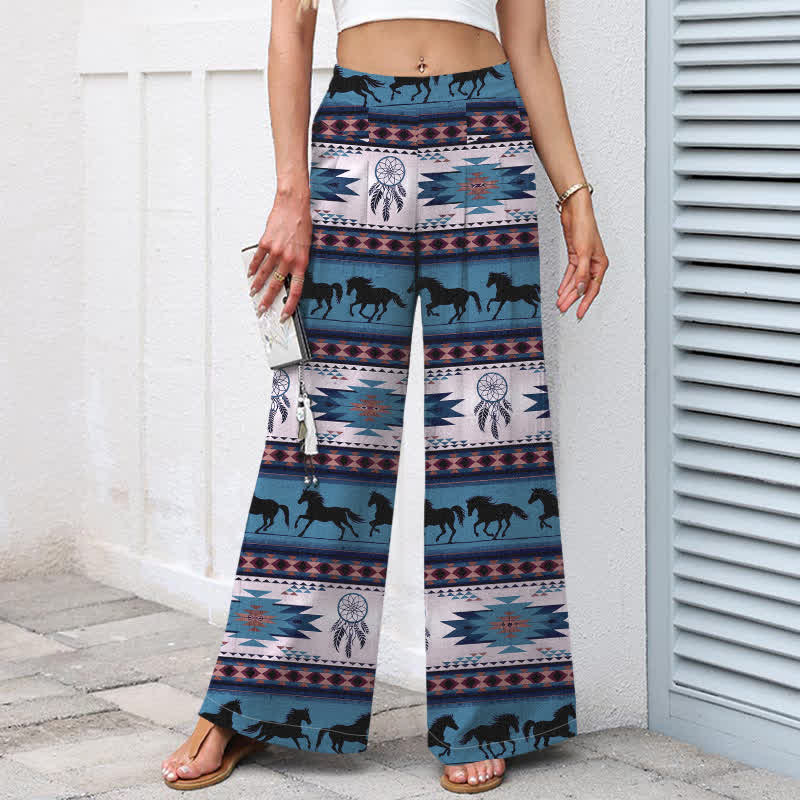 Buddha Stones Pantaloni da donna in cotone e lino con elastico in vita e gamba larga, fantasia acchiappasogni con cavalli, con tasche. - image 6