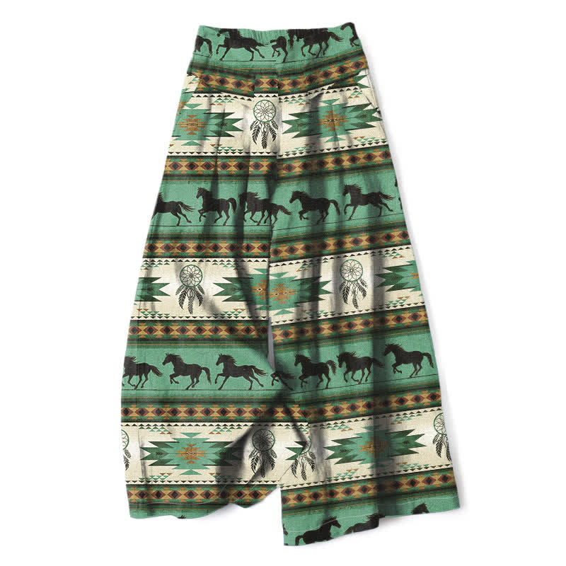 Buddha Stones Pantaloni da donna in cotone e lino con elastico in vita e gamba larga, fantasia acchiappasogni con cavalli, con tasche. - Verde medio del mare - US16, UK/AU20, EU48 (3XL) - image 7
