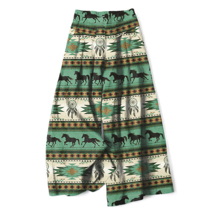 Buddha Stones Pantaloni da donna in cotone e lino con elastico in vita e gamba larga, fantasia acchiappasogni con cavalli, con tasche. - Verde medio del mare - US16, UK/AU20, EU48 (3XL) - image 7