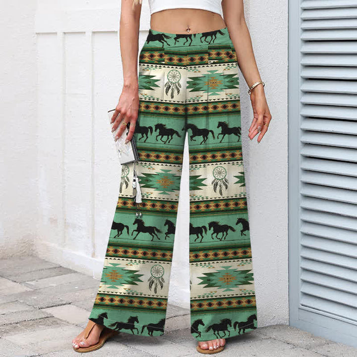 Buddha Stones Pantaloni da donna in cotone e lino con elastico in vita e gamba larga, fantasia acchiappasogni con cavalli, con tasche. - image 8