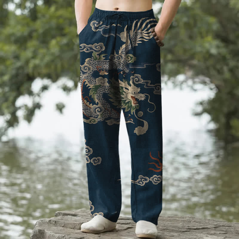 Buddha Stones Pantaloni da uomo affusolati in cotone con motivo drago e nuvole, con tasche. - Marina - US/UK/AU50, EU60 (5XL) - image 6