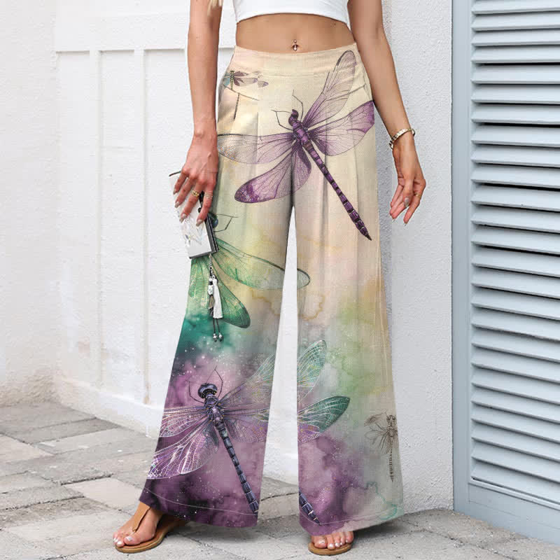 Buddha Stones Pantaloni da donna a gamba larga con elastico in vita e tasche, in cotone e lino, con stampa libellula ad acquerello. - image 1