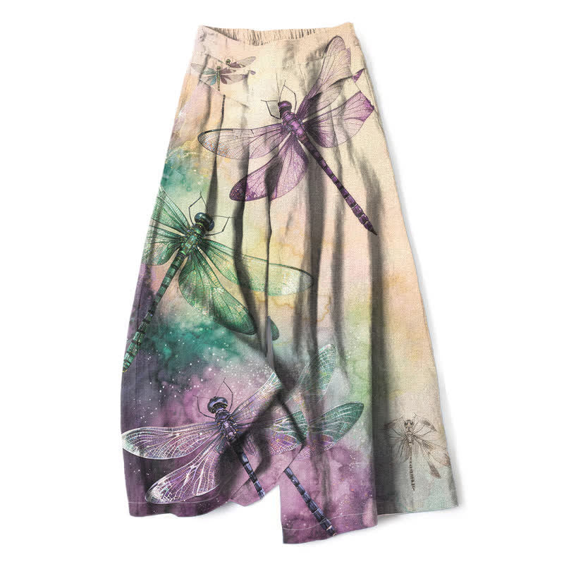 Buddha Stones Pantaloni da donna a gamba larga con elastico in vita e tasche, in cotone e lino, con stampa libellula ad acquerello. - Biancheria - US16, UK/AU20, EU48 (3XL) - image 0