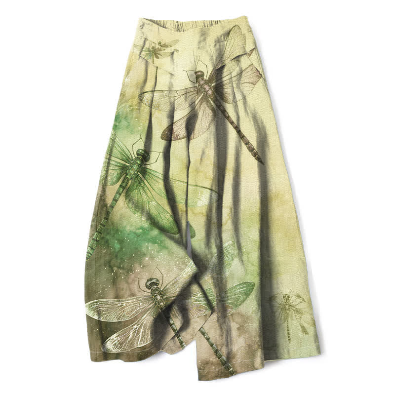 Buddha Stones Pantaloni da donna a gamba larga con elastico in vita e tasche, in cotone e lino, con stampa libellula ad acquerello. - Cachi - US16, UK/AU20, EU48 (3XL) - image 5