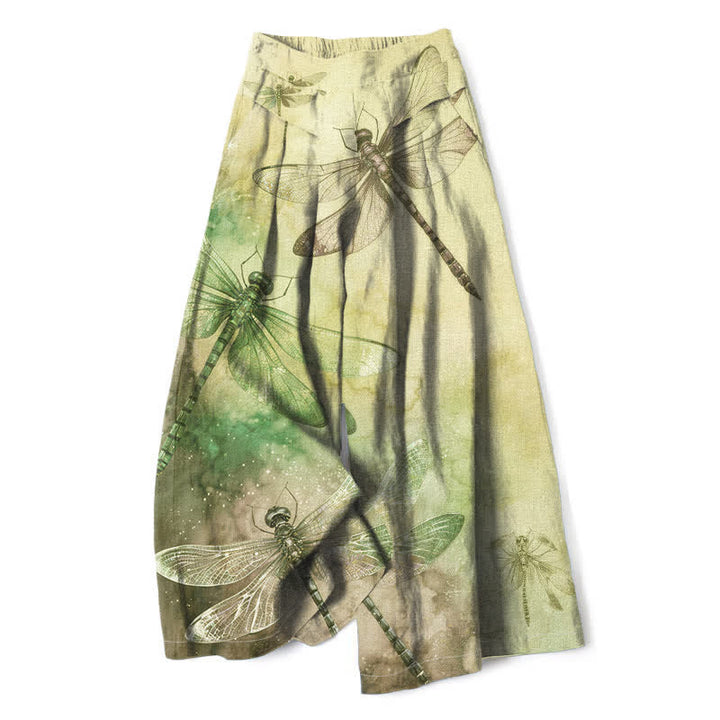 Buddha Stones Pantaloni da donna a gamba larga con elastico in vita e tasche, in cotone e lino, con stampa libellula ad acquerello. - Cachi - US16, UK/AU20, EU48 (3XL) - image 5