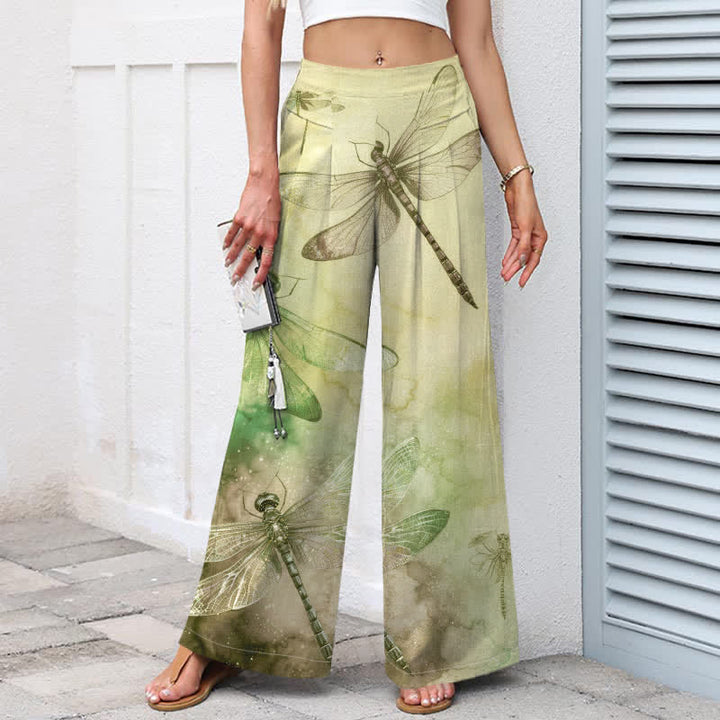 Buddha Stones Pantaloni da donna a gamba larga con elastico in vita e tasche, in cotone e lino, con stampa libellula ad acquerello. - image 6