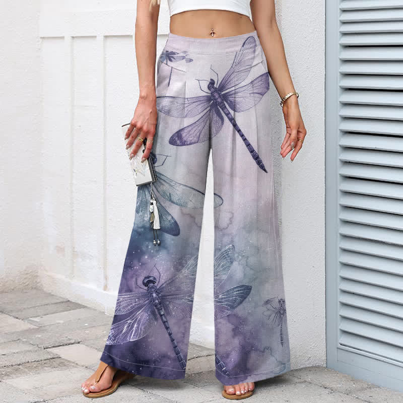 Buddha Stones Pantaloni da donna a gamba larga con elastico in vita e tasche, in cotone e lino, con stampa libellula ad acquerello. - image 8