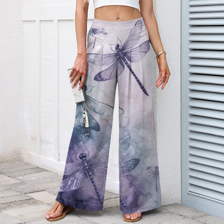 Buddha Stones Pantaloni da donna a gamba larga con elastico in vita e tasche, in cotone e lino, con stampa libellula ad acquerello. - image 8