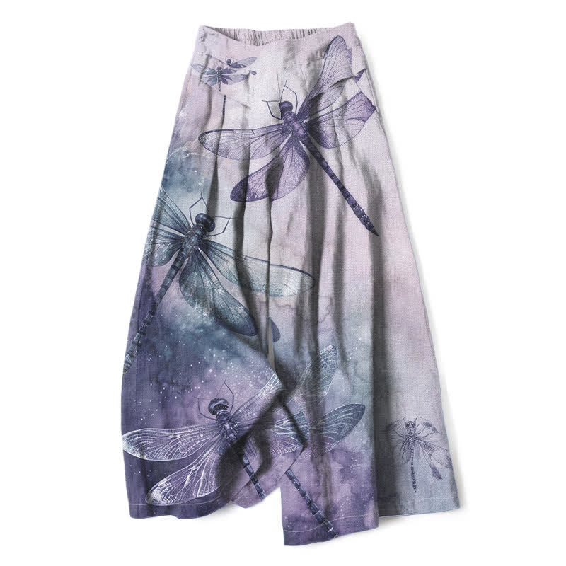Buddha Stones Pantaloni da donna a gamba larga con elastico in vita e tasche, in cotone e lino, con stampa libellula ad acquerello. - Lavanda - US16, UK/AU20, EU48 (3XL) - image 7