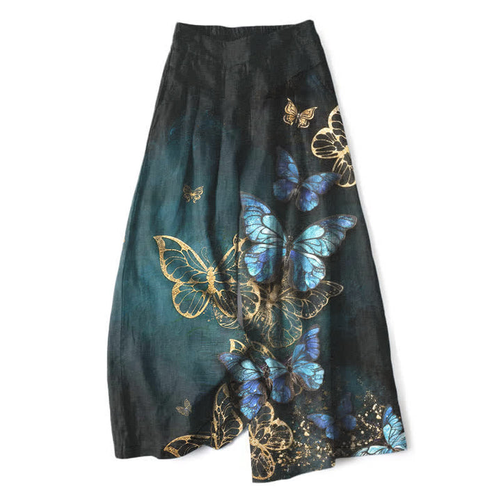 Buddha Stones Pantaloni da donna in cotone e lino con stampa a farfalle, vita elasticizzata e gamba larga, con tasche. - Nero - US16, UK/AU20, EU48 (3XL) - image 0