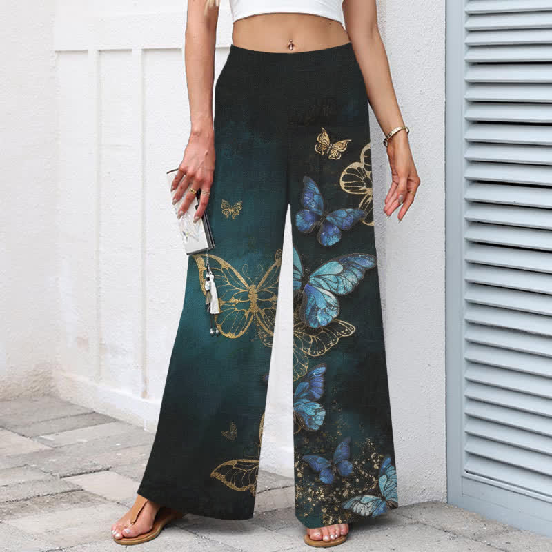 Buddha Stones Pantaloni da donna in cotone e lino con stampa a farfalle, vita elasticizzata e gamba larga, con tasche. - image 1