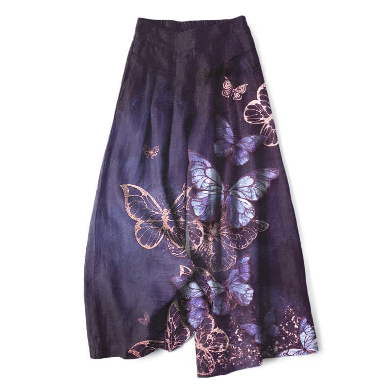 Buddha Stones Pantaloni da donna in cotone e lino con stampa a farfalle, vita elasticizzata e gamba larga, con tasche. - Indaco - US16, UK/AU20, EU48 (3XL) - image 5