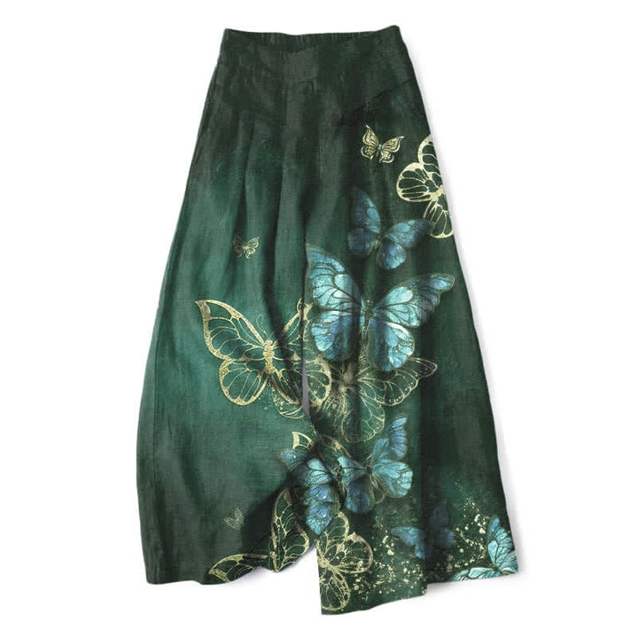 Buddha Stones Pantaloni da donna in cotone e lino con stampa a farfalle, vita elasticizzata e gamba larga, con tasche. - Verde studentesco - US16, UK/AU20, EU48 (3XL) - image 7