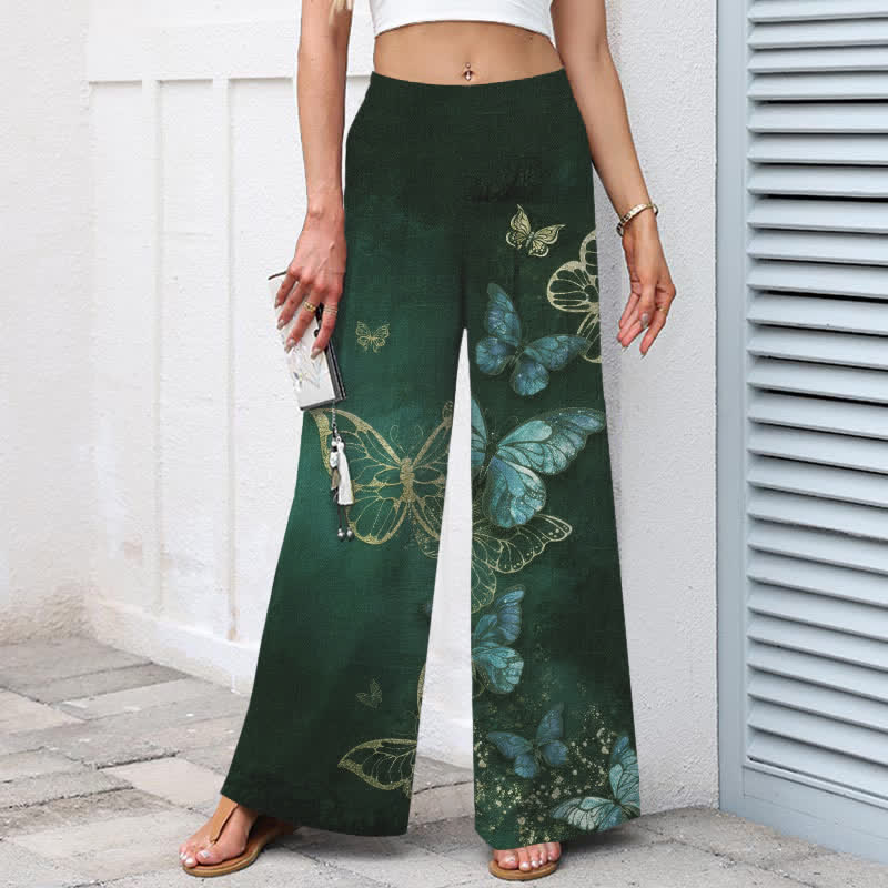 Buddha Stones Pantaloni da donna in cotone e lino con stampa a farfalle, vita elasticizzata e gamba larga, con tasche. - image 8