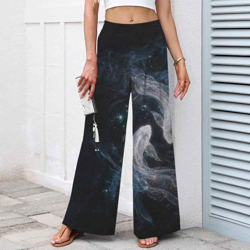 Buddha Stones Pantaloni da donna a gamba larga con elastico in vita e tasche, in cotone e lino, con fantasia "Pesci Mistici" e motivo a pesci. - image 1