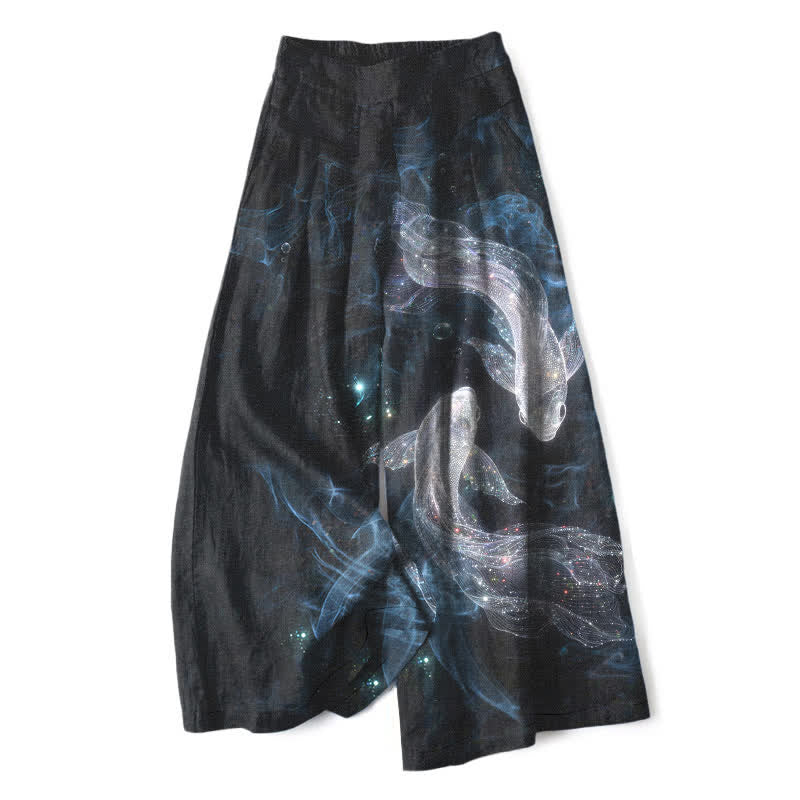 Buddha Stones Pantaloni da donna a gamba larga con elastico in vita e tasche, in cotone e lino, con fantasia "Pesci Mistici" e motivo a pesci. - Nero - US16, UK/AU20, EU48 (3XL) - image 0