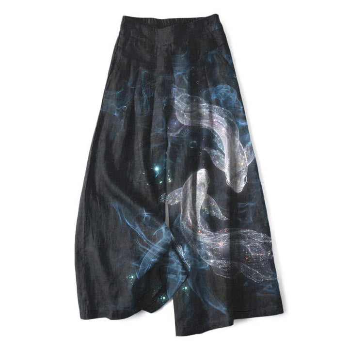 Buddha Stones Pantaloni da donna a gamba larga con elastico in vita e tasche, in cotone e lino, con fantasia "Pesci Mistici" e motivo a pesci. - Nero - US16, UK/AU20, EU48 (3XL) - image 0