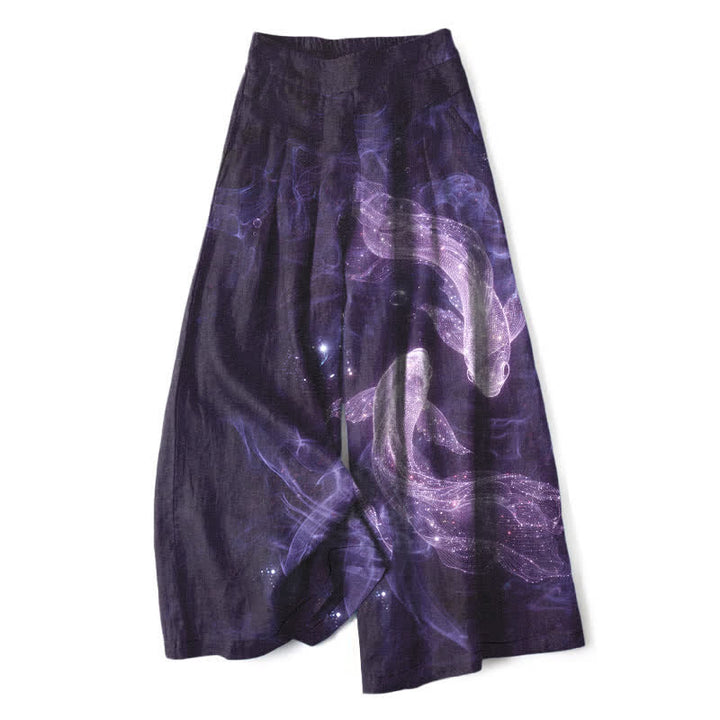 Buddha Stones Pantaloni da donna a gamba larga con elastico in vita e tasche, in cotone e lino, con fantasia "Pesci Mistici" e motivo a pesci. - Indaco - US16, UK/AU20, EU48 (3XL) - image 5