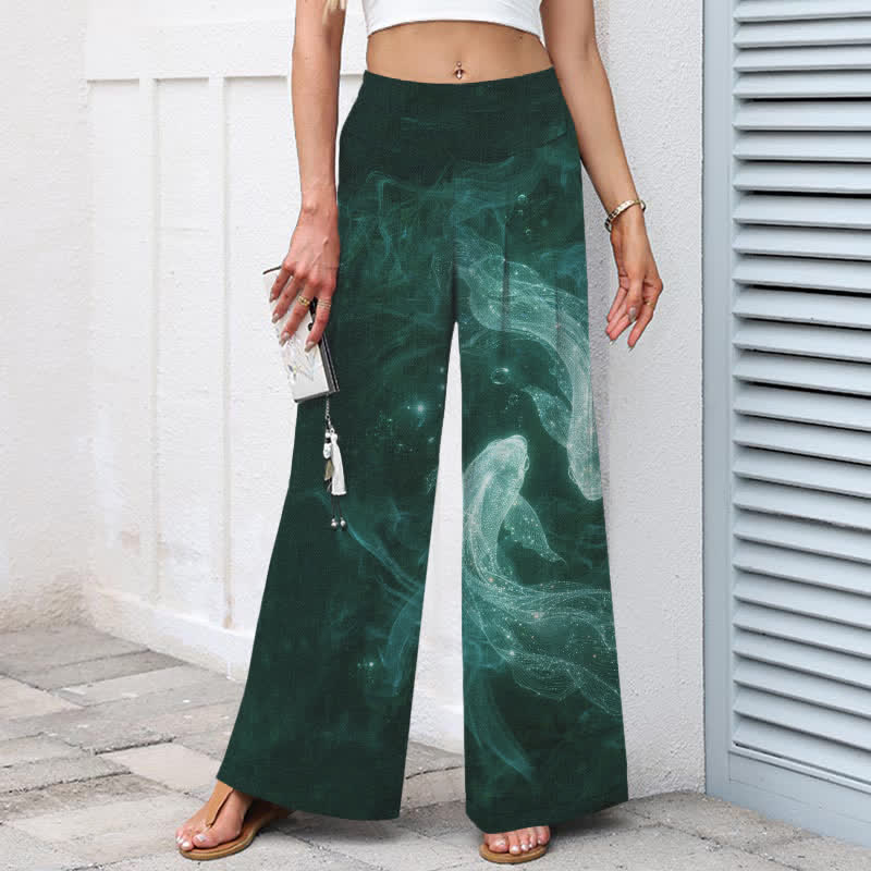 Buddha Stones Pantaloni da donna a gamba larga con elastico in vita e tasche, in cotone e lino, con fantasia "Pesci Mistici" e motivo a pesci. - image 8