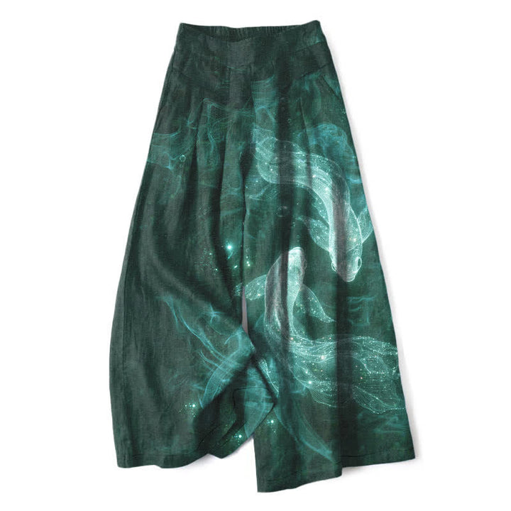 Buddha Stones Pantaloni da donna a gamba larga con elastico in vita e tasche, in cotone e lino, con fantasia "Pesci Mistici" e motivo a pesci. - Verde acqua - US16, UK/AU20, EU48 (3XL) - image 7
